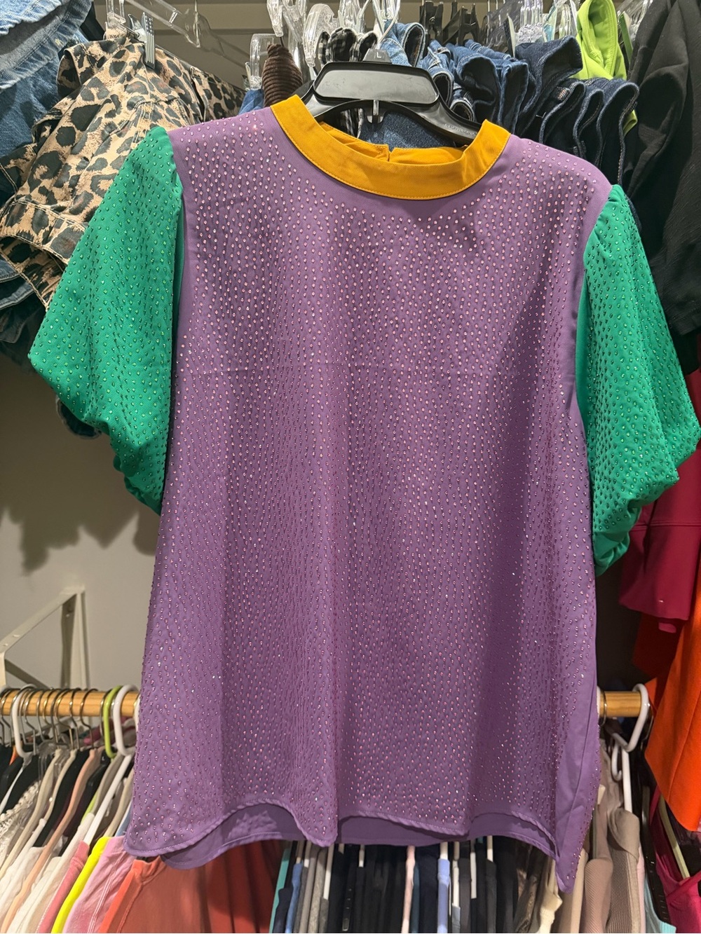 BiBi Mardi Gras Rhinestone Sleeve Top